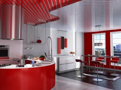 красный реечный потолок на кухне